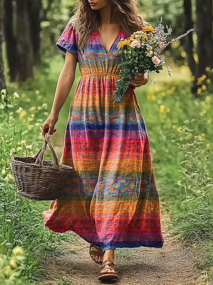 Womens Floral Art Linen Dress
