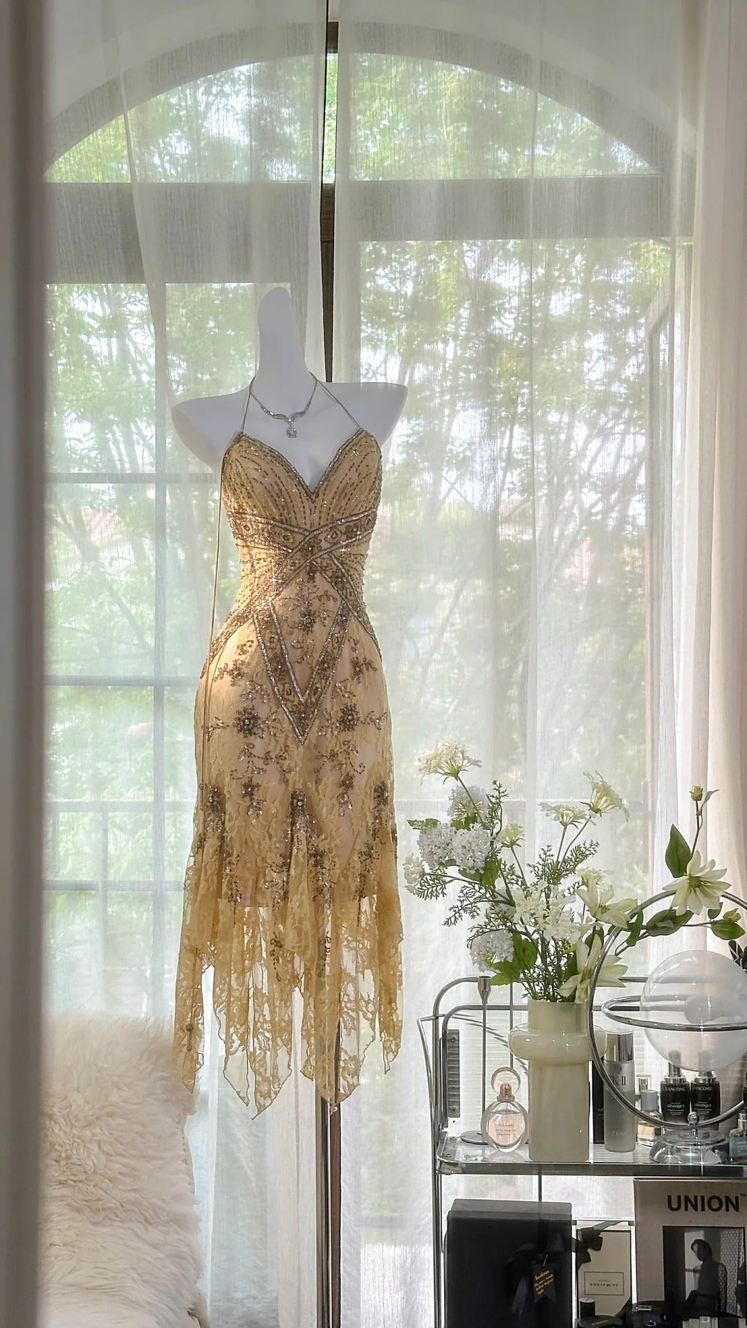 Lit yellow brown gorgeous and elegant vintage exquisite beaded long chiffon lace ball dress evening dress birthday party dress prom dress 3950