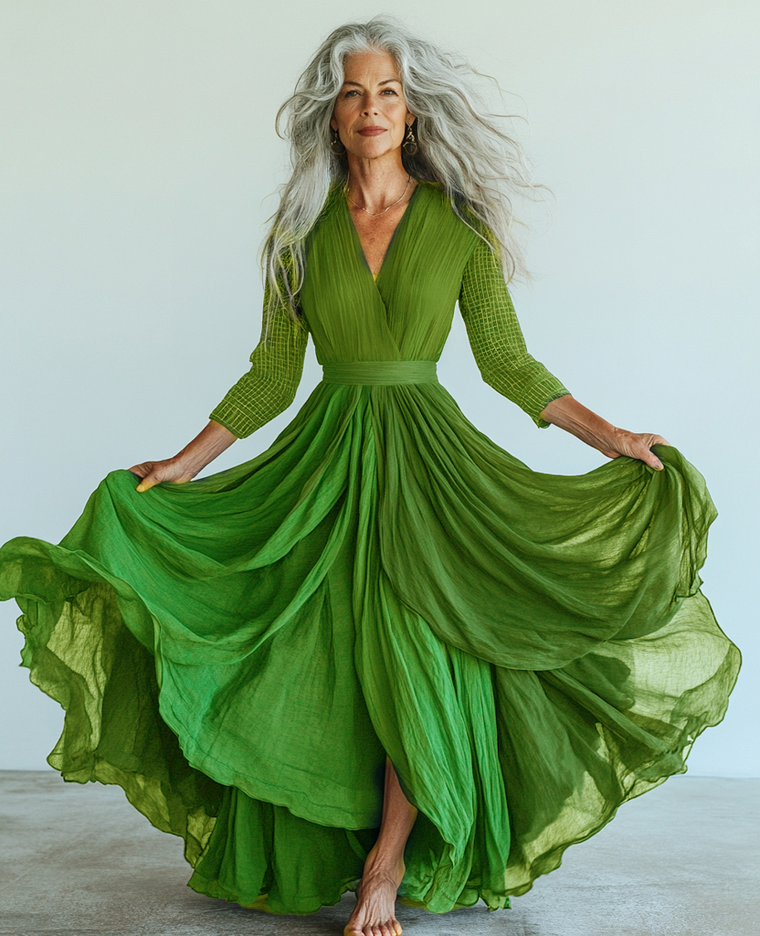 Vintage loose color contrast green color swing dress  e7be