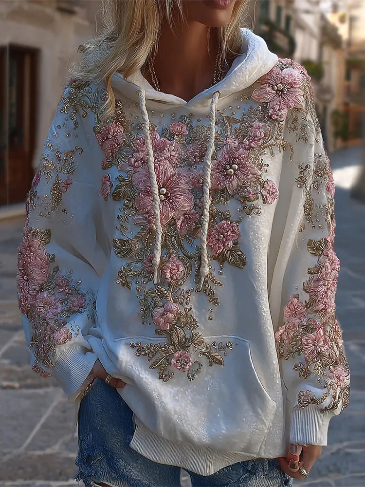 Women's Classic Floral Embroidery Art Comfy Hoodie