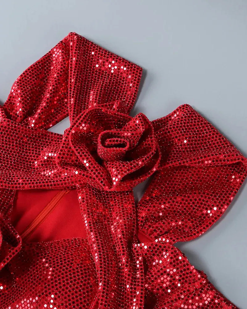 Long Sleeve Sequin Flower Maxi Dress Red