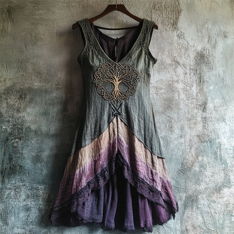 Vintage Tree Of Life Lace Hem Layered Dyed Linen Dress