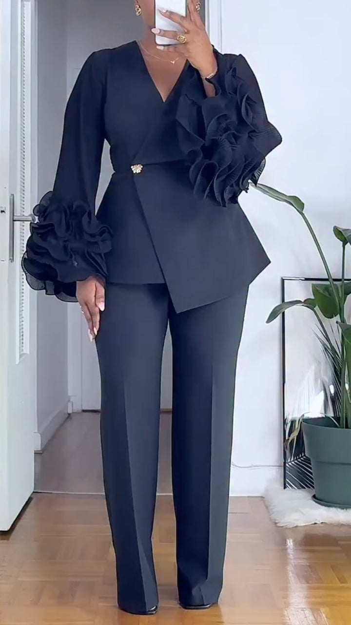 V-Neck Fitted Waist Ruffled Long Sleeve Top & Trousers Set