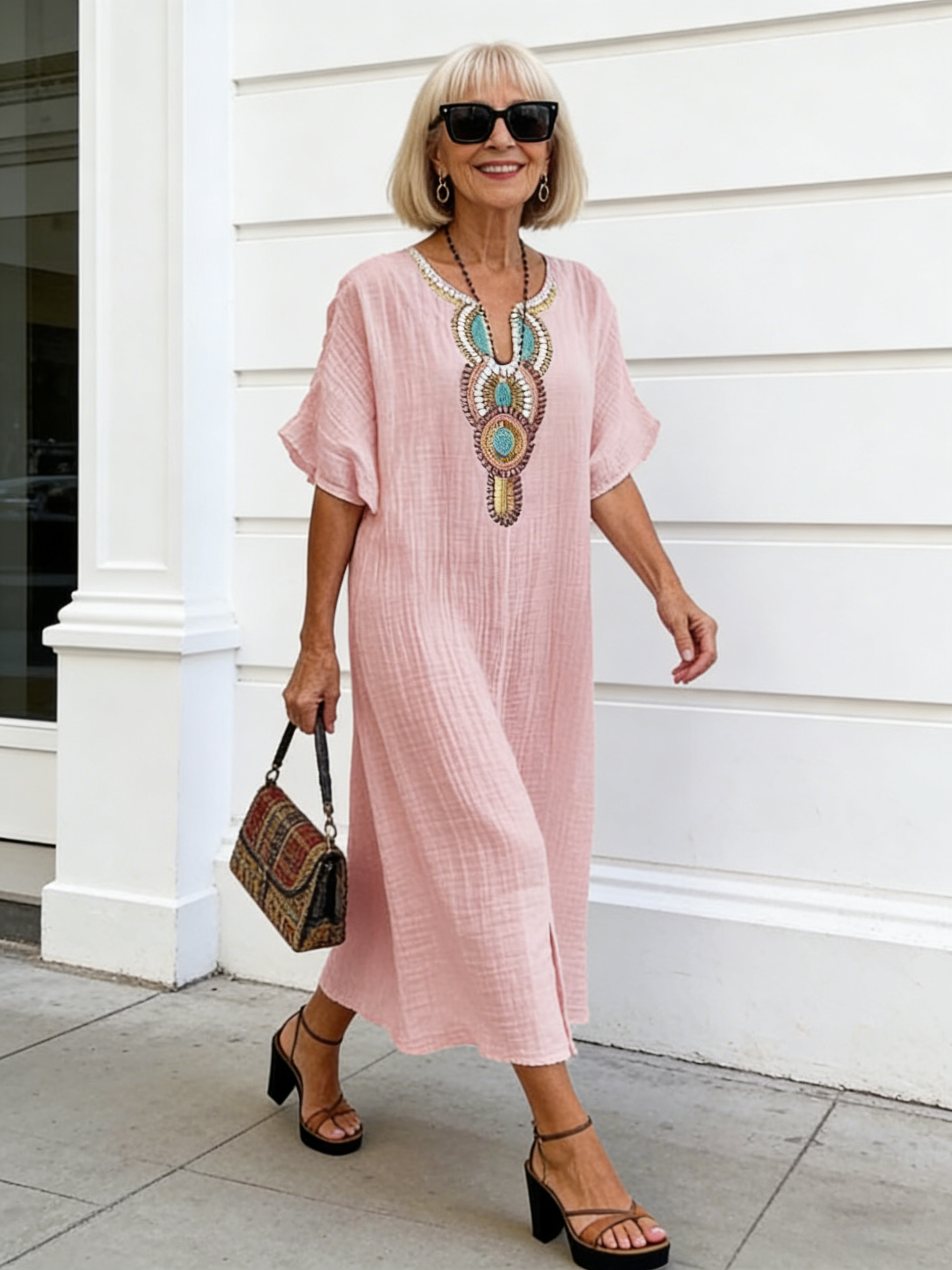 Cotton and Linen Embroidered Split Dress