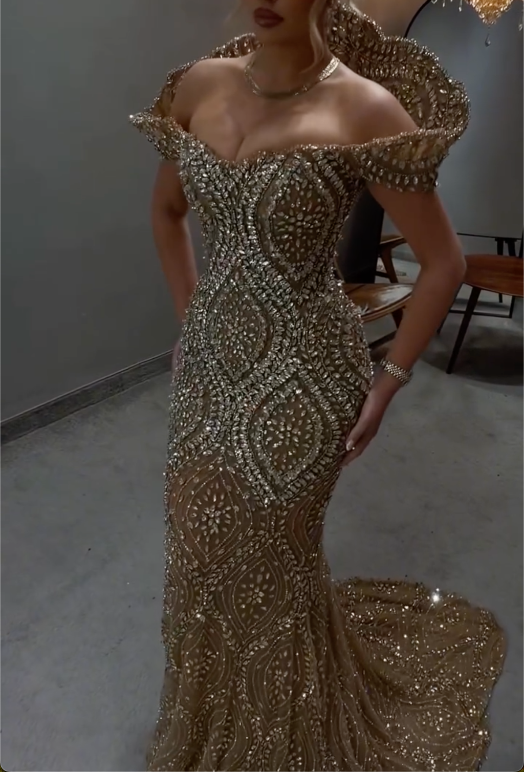 Gold Sparkly Beaded Maxi Formal Dress, Off-the-Shoulder Mermaid Evening Gown for Red Carpet