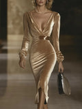 [24-hour shipping out]Elegant V-neck Slim-fit Champagne Velvet Midi Dress