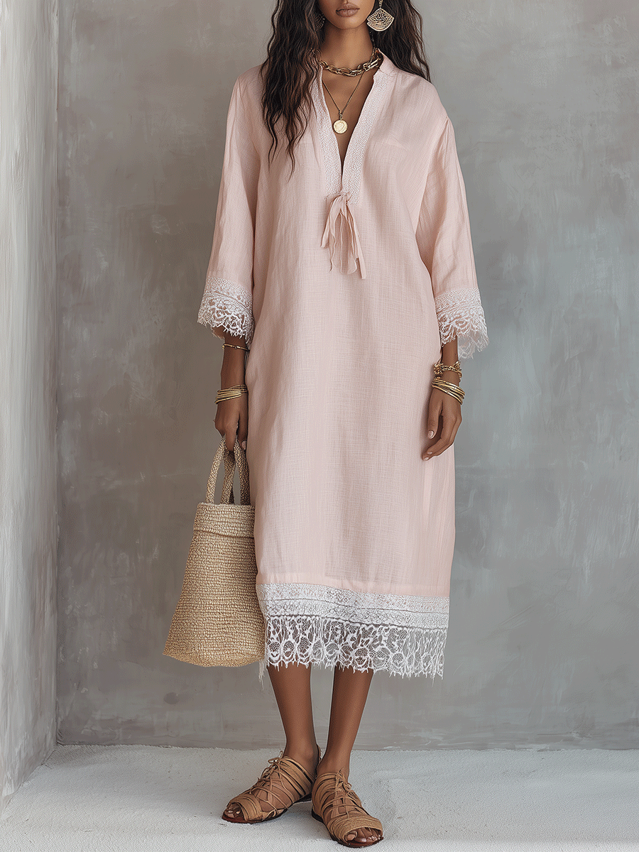 Bohemian Lace-Trimmed Cotton-Linen Midi Dress