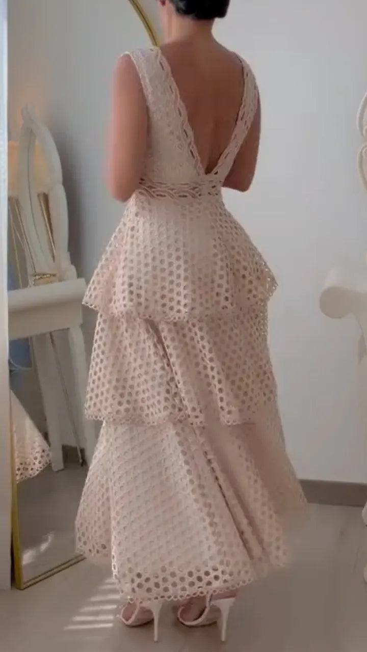 Apricot V-Neck Layered Ruffle Cake Maxi Dress