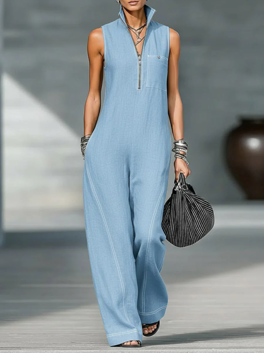 Modern Stand-Collar Denim Jumpsuit - Sleeveless Half-Zip Wide Leg One-Piece Romper