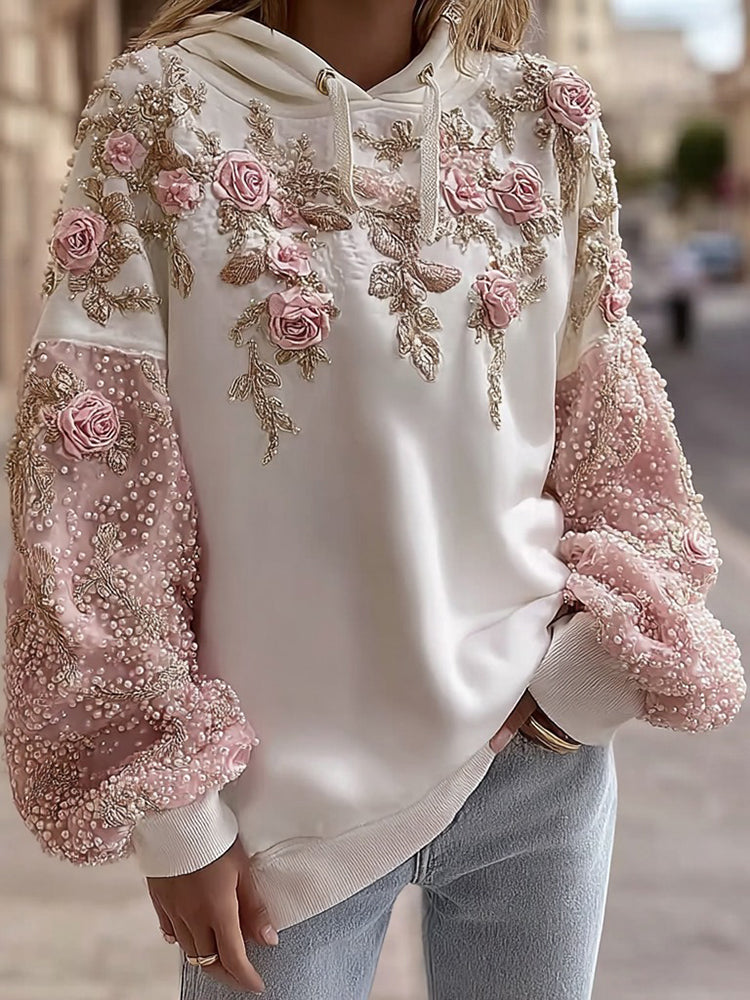Women's Retro Pink Floral Casual Hoodie