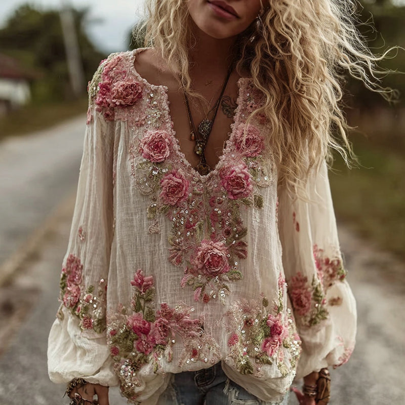 Women's Vintage Rose Floral Embroidery Art Comfy Linen Shirts