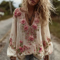 Women's Vintage Rose Floral Embroidery Art Comfy Linen Shirts