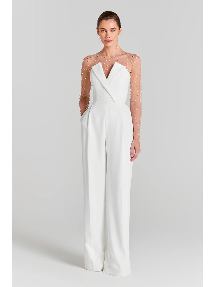 Trend4us Pearl Mesh Bodysuit and White Jumpsuit Set