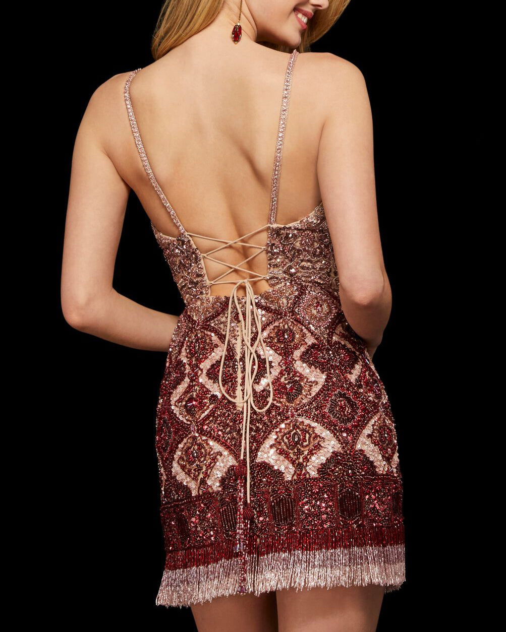 Glitter beaded rhinestone tassel sexy mini dress - 01