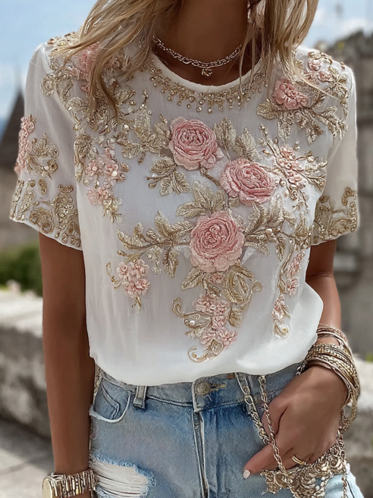 Women's Vintage Pink Rose Embroidery Art Short Sleeve Linen Blend T-shirt