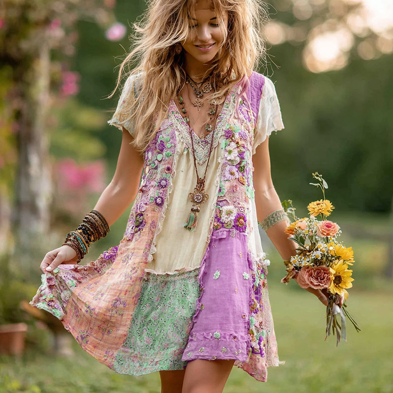Women's Retro Floral Splicing Cotton And Linen Short Dress