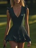Elegant Sports V-Neck Pleated Hem Dark Green Stretch Mini Dress