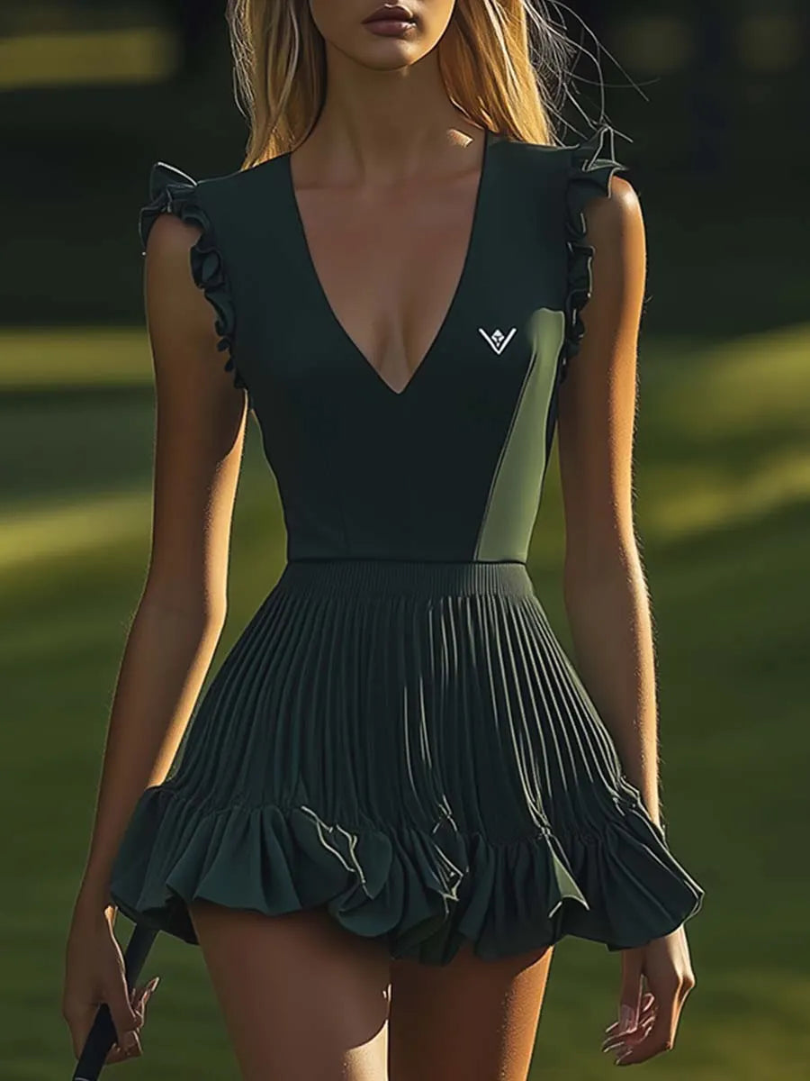 Elegant Sports V-Neck Pleated Hem Dark Green Stretch Mini Dress