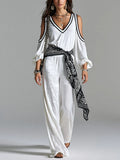 Bohemian White Off The Shoulder Top And Glossy Trousers Set