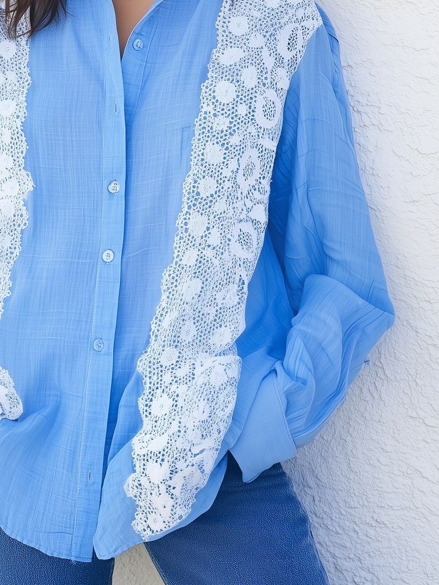 Romantic Lace Panel Button Front Blouse