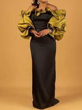 Off-The-Shoulder Contrast Color Ruffled Half Sleeve Maxi Dress