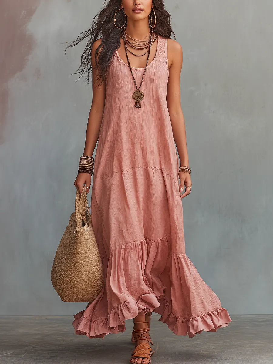 Romantic Dusty Rose Ruffle Hem Maxi Dress