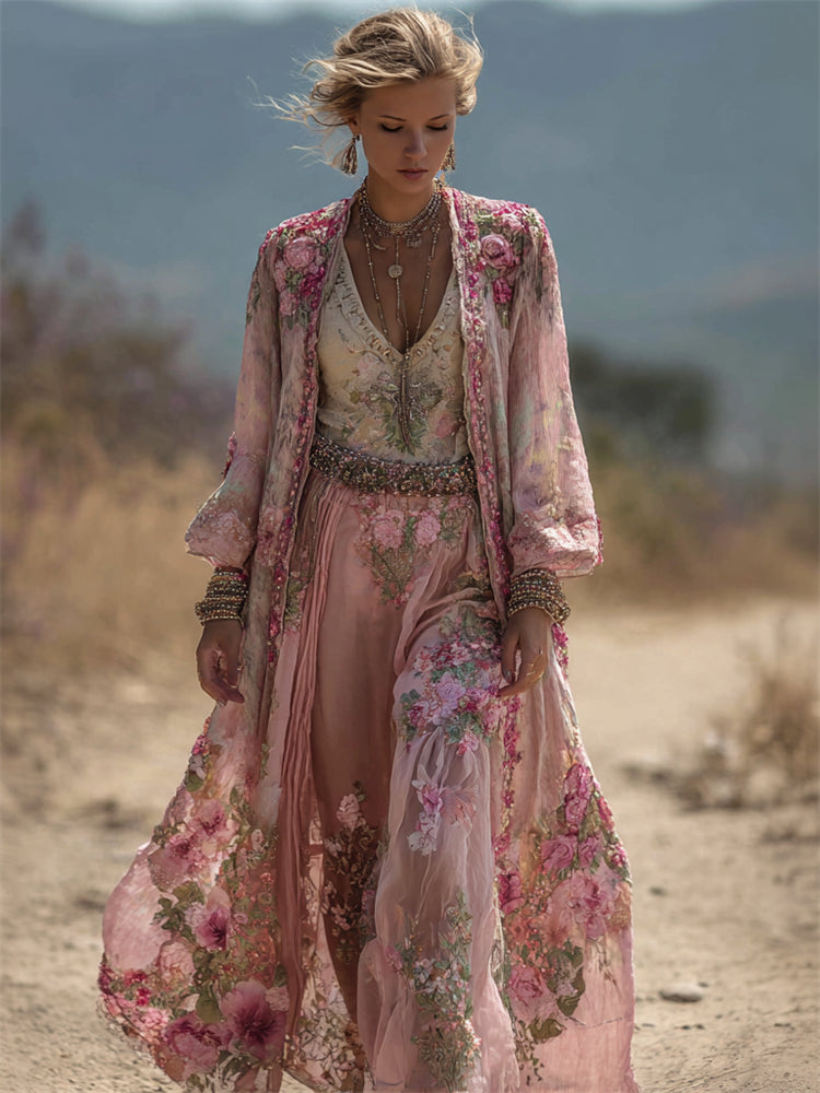 Vintage Boho Pink Floral Flowy Long Linen Cardigan