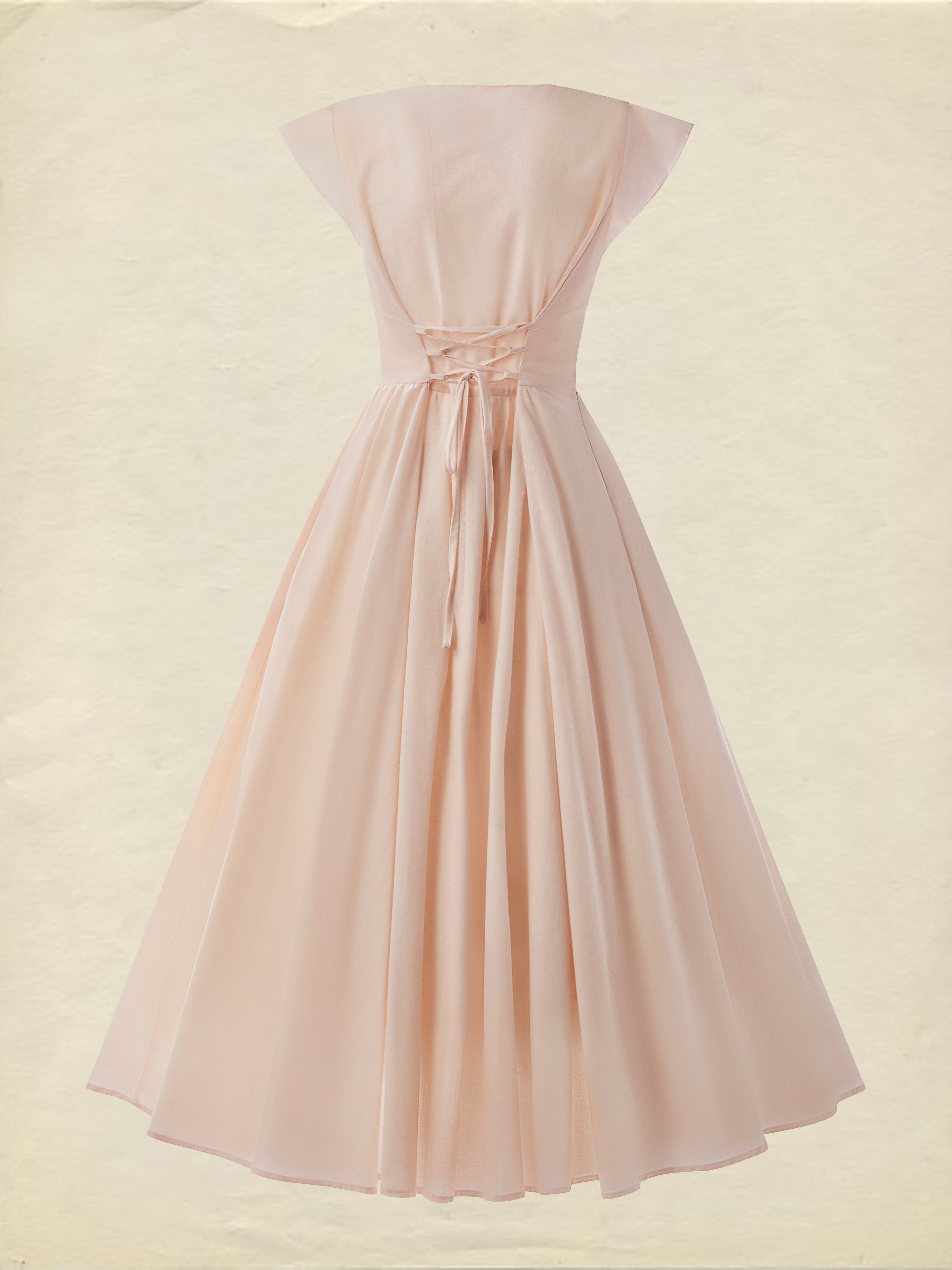 Linen Midi Dress, Short Sleeve, Lace Collar, Plain, Vintage, Light Pink