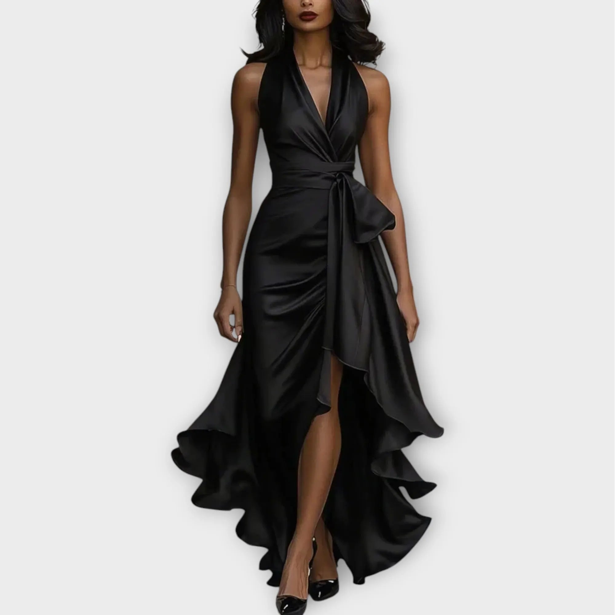 Satin Halter Gown with Draped Waist Tie