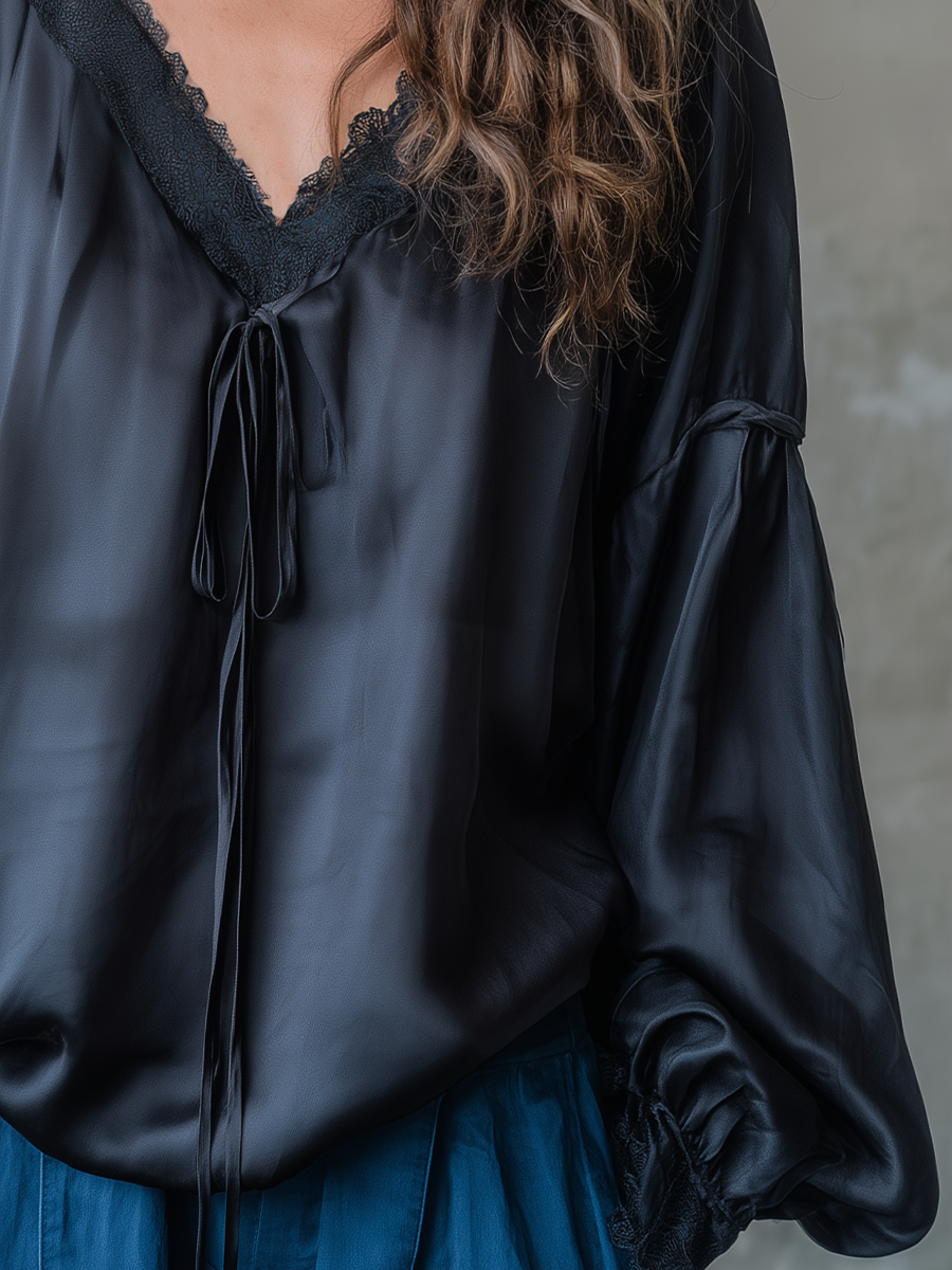 Luxurious Black Lace Trim Satin Blouse