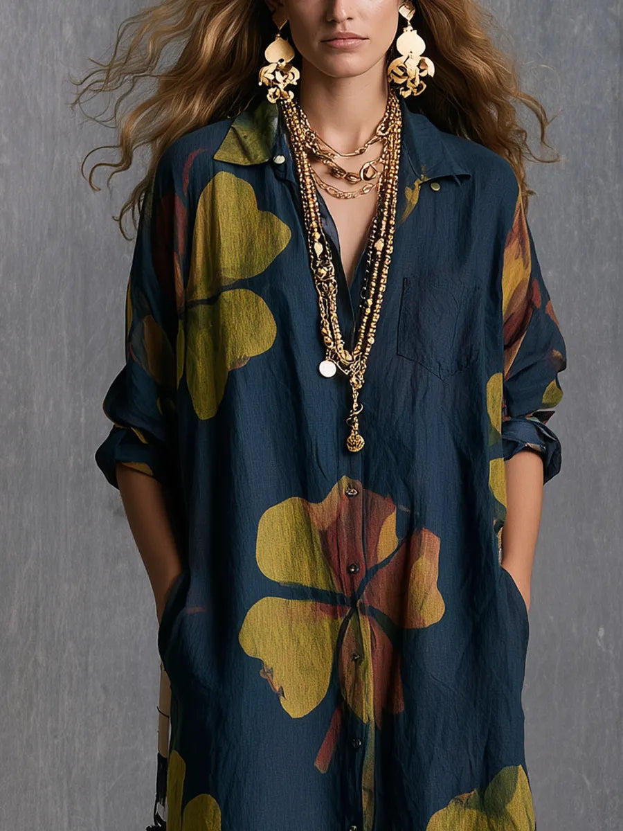 Bohemian Navy Blue Printed Shirt Dress