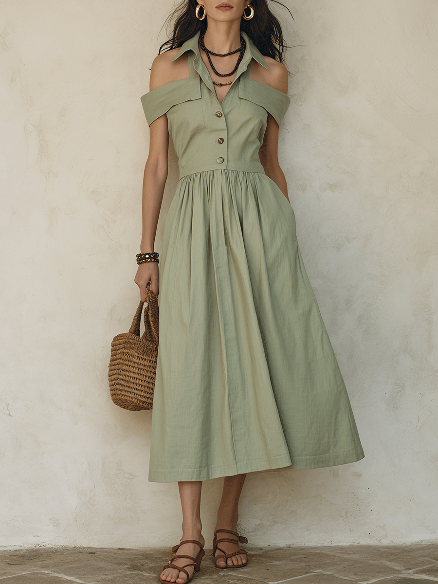 Bohemian Utility Resort Sage Green Button-Front Cotton Midi Dress