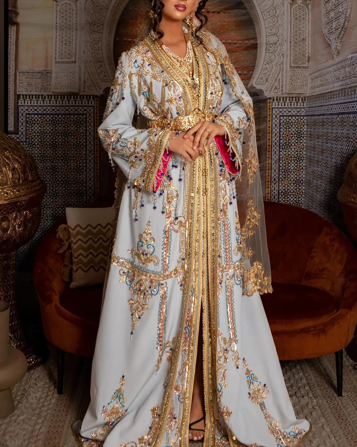 Women's V Neck Long Sleeve Embroidered Dress