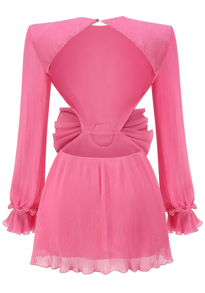 Long Sleeve Floral Detail Backless Dress Hot Pink