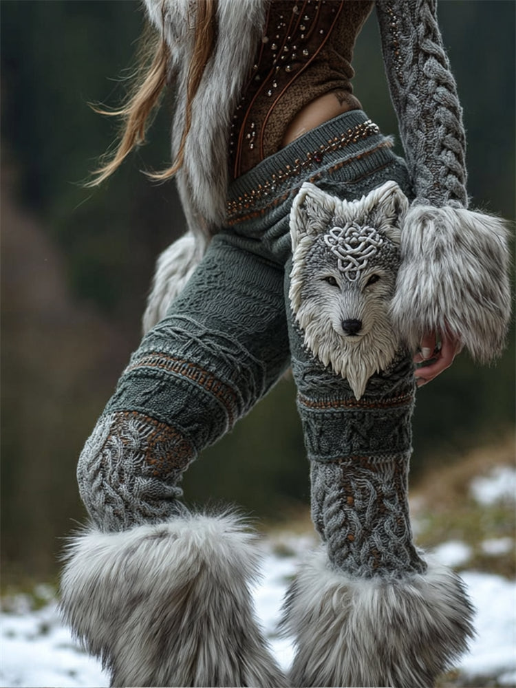 Viking Celtic Fuzzy Wolf Cozy Cable Knit Leggings