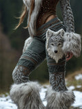 Viking Celtic Fuzzy Wolf Cozy Cable Knit Leggings