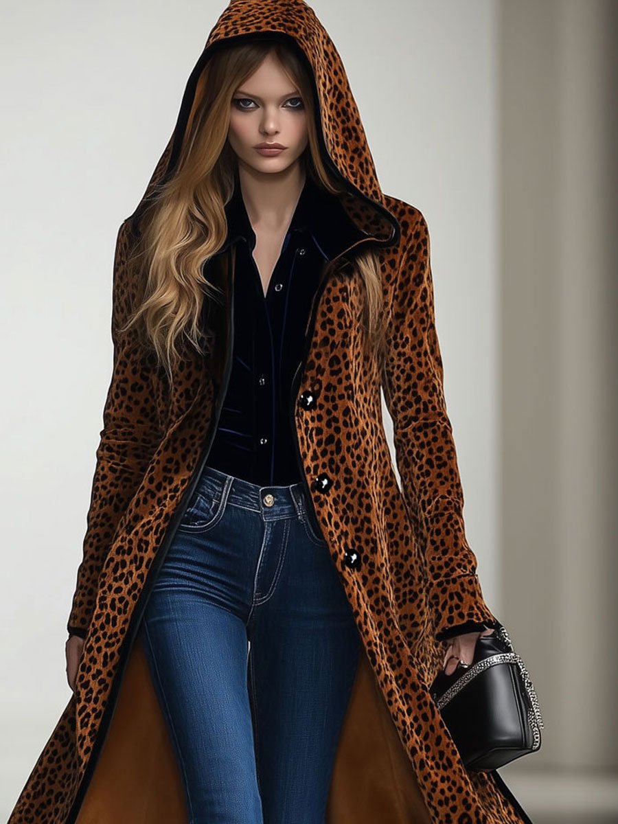 [24-hour shipping out]Casual Loose Vintage Velvet Leopard Print Black Trim Hooded Long Coat