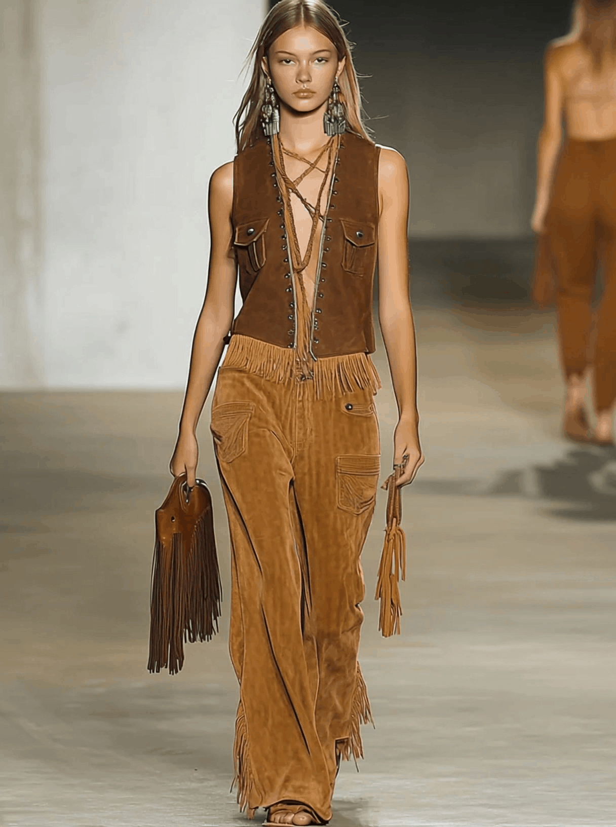 [24-hour shipping out]Casual Loose Vintage Caramel Suede Rivet Tassel Wide Leg Pants
