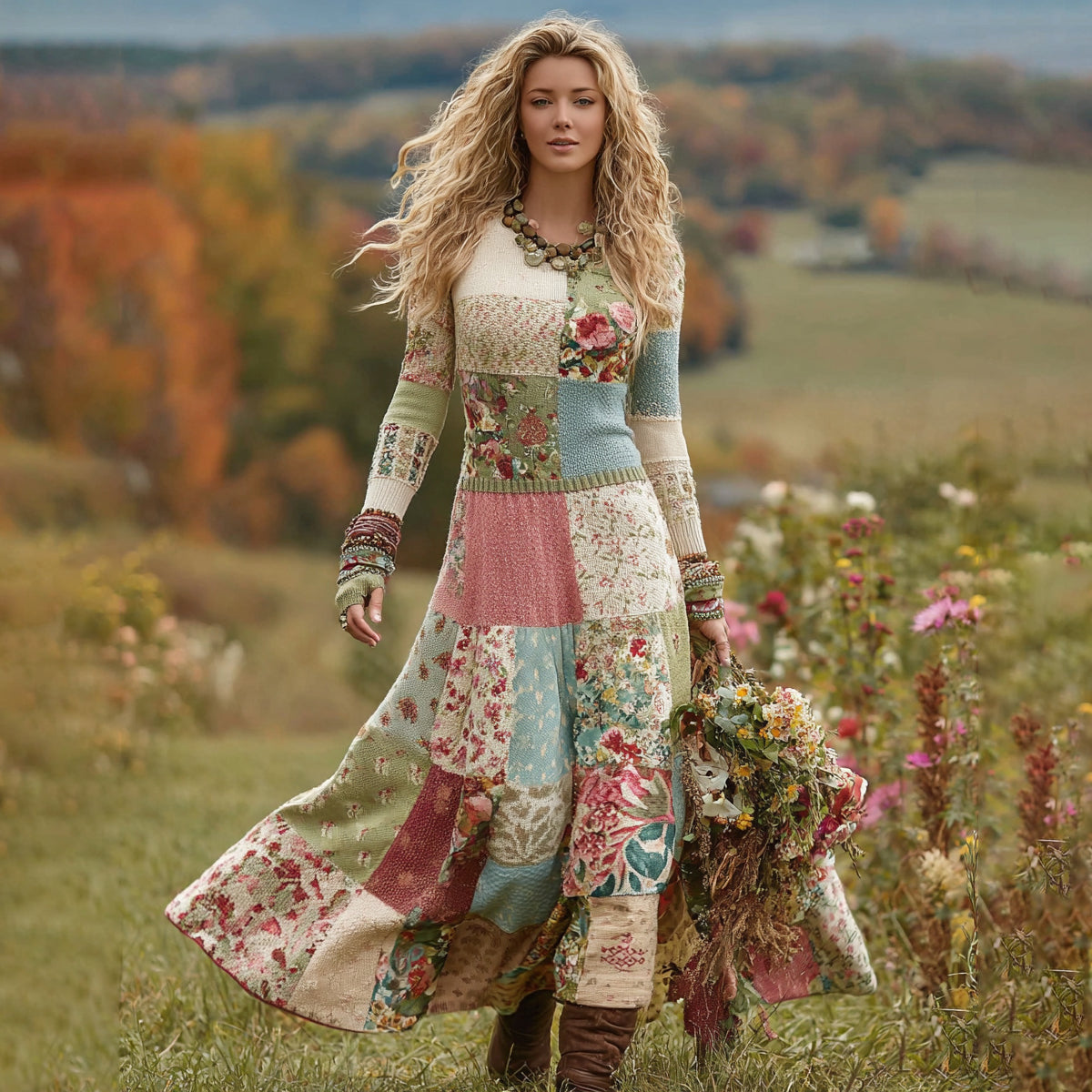 Women's Vintage Patchwork Floral Art Cozy Knit Maxi Sweater Dress