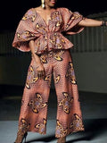 Floral Printed Deep V-Neck Half Sleeve Wide Leg Pants Casual Suit