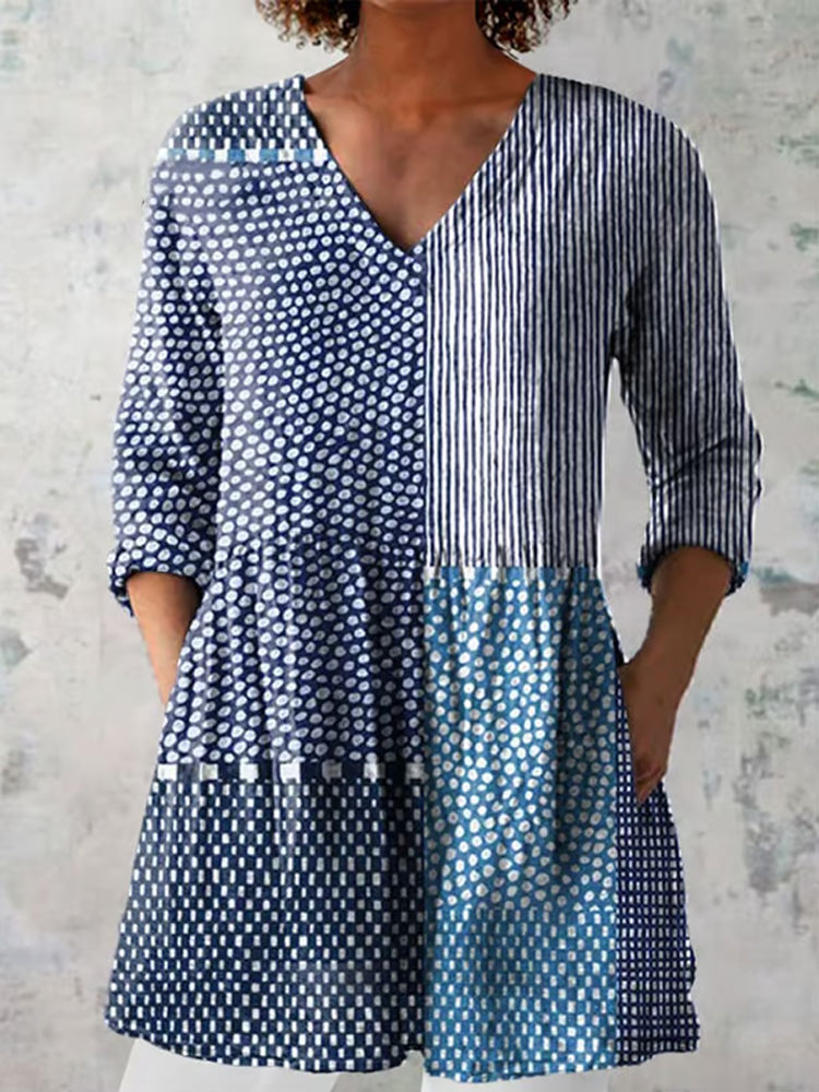 Women's Abstract Geometric Line Art Print V-neck Shirt