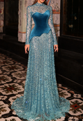 Teal Velvet & Crystal Embellished High Neck Long Sleeve Maxi Dress