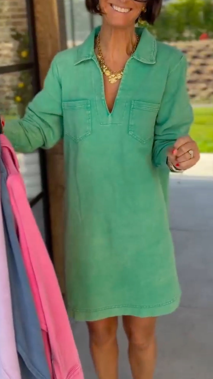 V-Neck Pocket Denim Shirt Dress