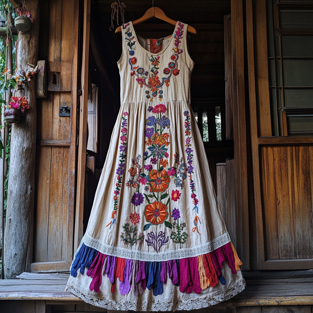 Vintage Boho Purple Floral Embroidery Design Women's Tank Dress