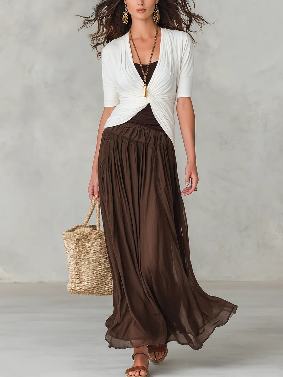 Refined White Twist Front Top & Cocoa Skirt Set