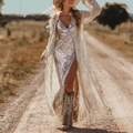Women's Vintage Golden Elegance Dress With Lace And Sequins In The Sunlight