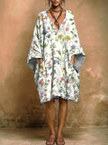 Women's Retro Floral Art Print Casual Cotton Linen Short Dress