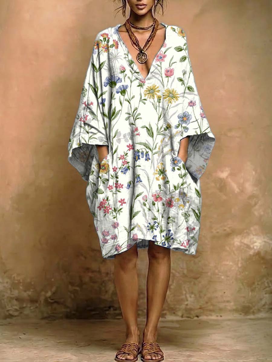Women's Retro Floral Art Print Casual Cotton Linen Short Dress