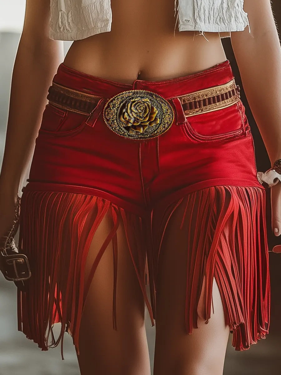 [24-hour shipping out]Western Vintage Red Tassel Shorts