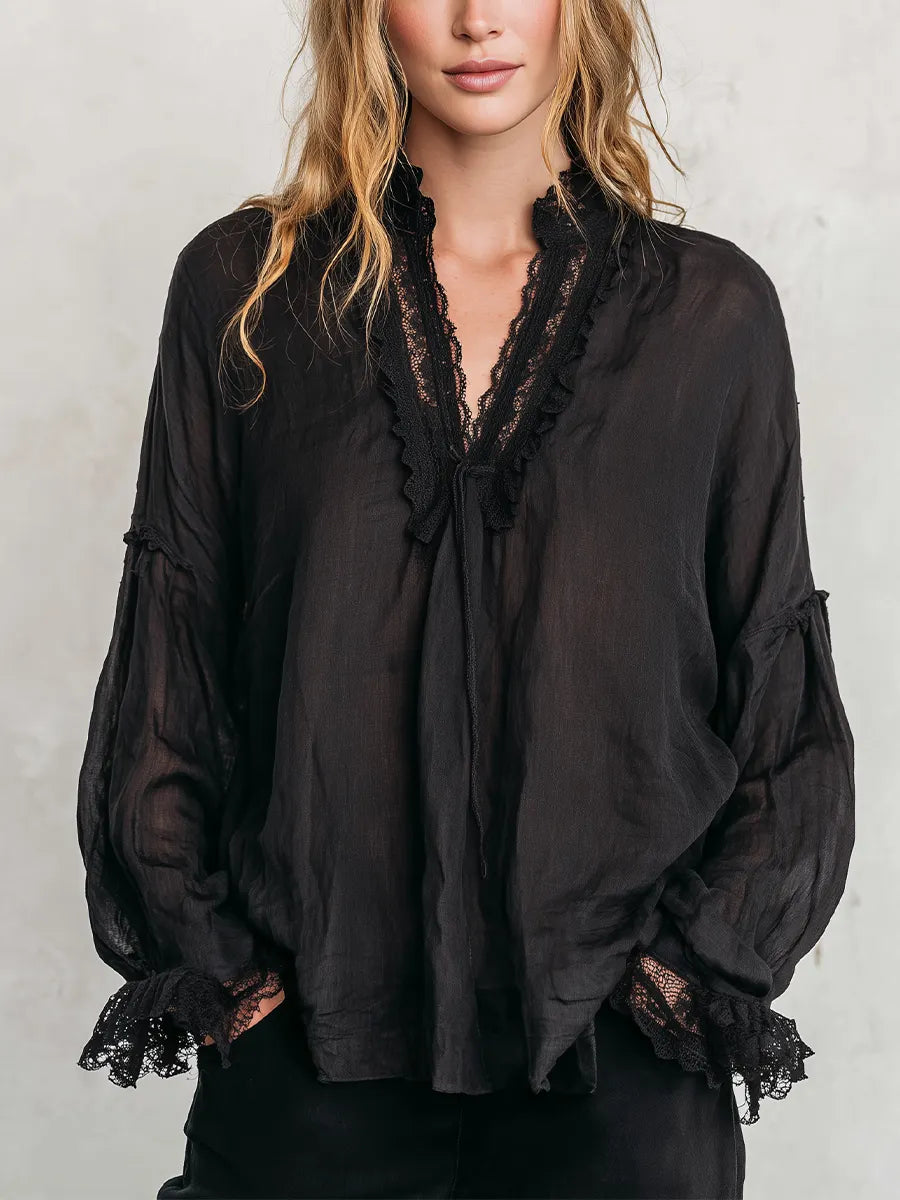 Bohemian Black Lace Tie-front Shirt